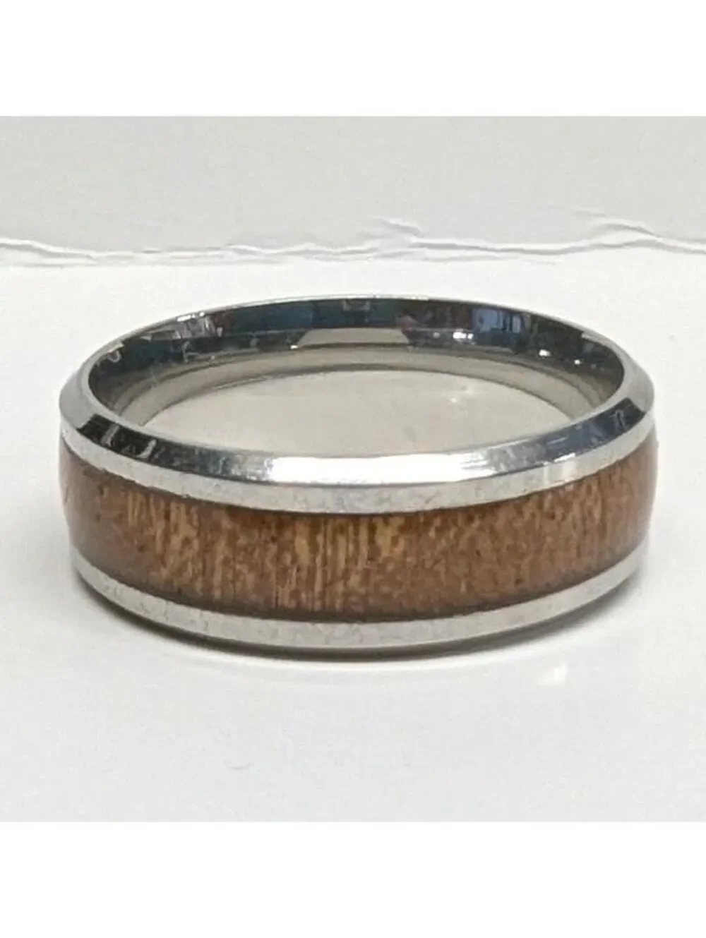 New Wood Inlay Band Ring Mens Size 11 Silver Tone Brown Beveled Edge Rustic